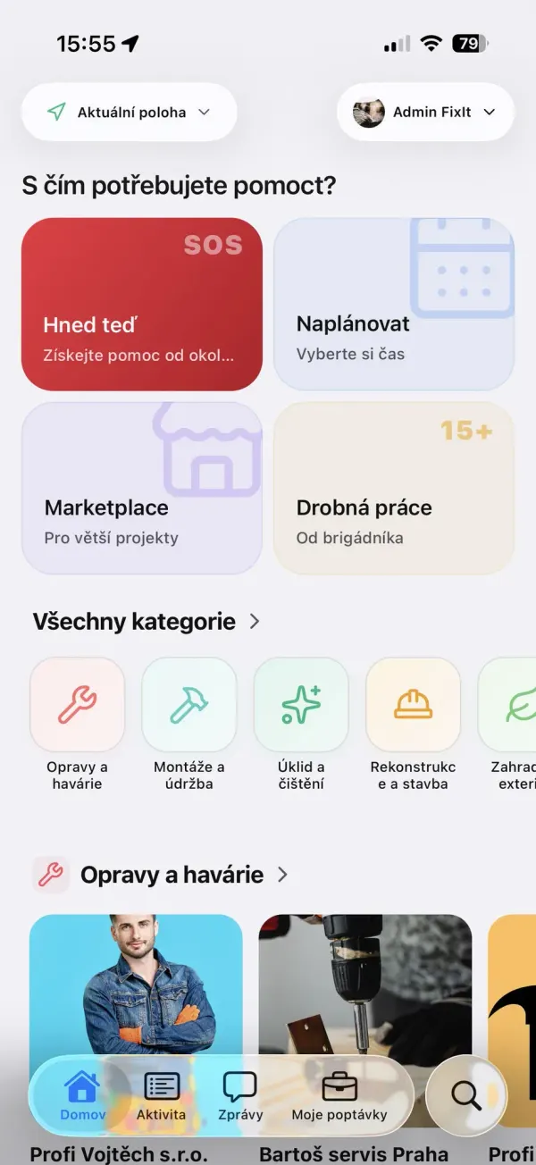 Náhled aplikace FixIt s nabídkou ověřených řemeslníků